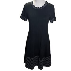 Vince Camuto Black Knit Fit & Flare Dress Size Large Scallop Trim Midi